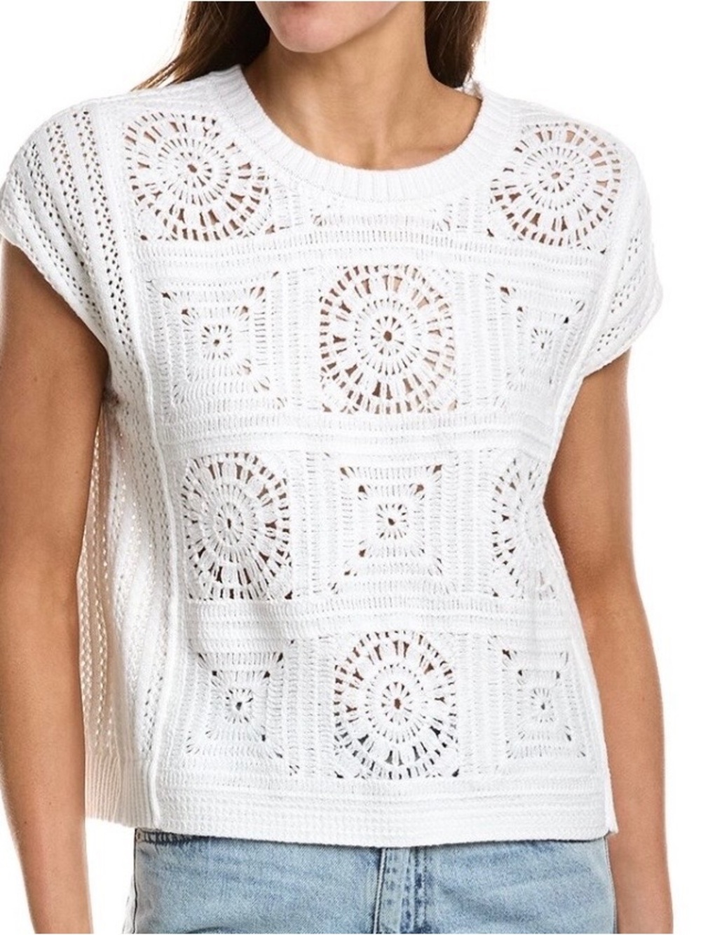 Splendid White Crochet Short-Sleeve Knit Top